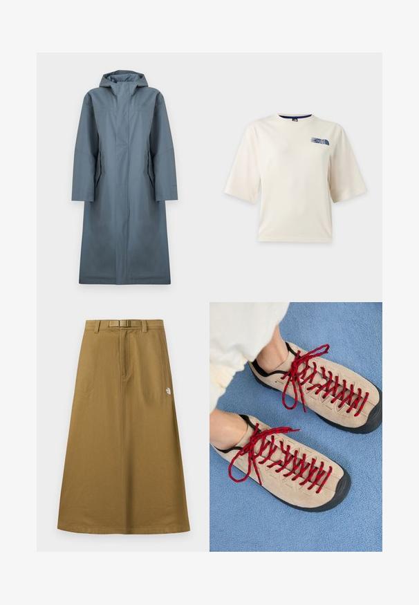 Manteau long à capuche en matériau gris ardoise, durable et résistant à l'eau. Comprend une coupe droite, des manches larges et un design minimaliste sans attaches visibles.; T-shirt blanc à manches courtes avec un petit logo bleu The North Face sur la partie supérieure gauche de la poitrine.; Jupe longue extérieure beige avec poches avant, ceinture intégrée et logo The North Face sur le côté droit.; Des chaussures beiges avec des lacets rouges, posées sur une surface bleue texturée, révèlent partiellement la cheville d'une personne. Les chaussures ont un design sportif.