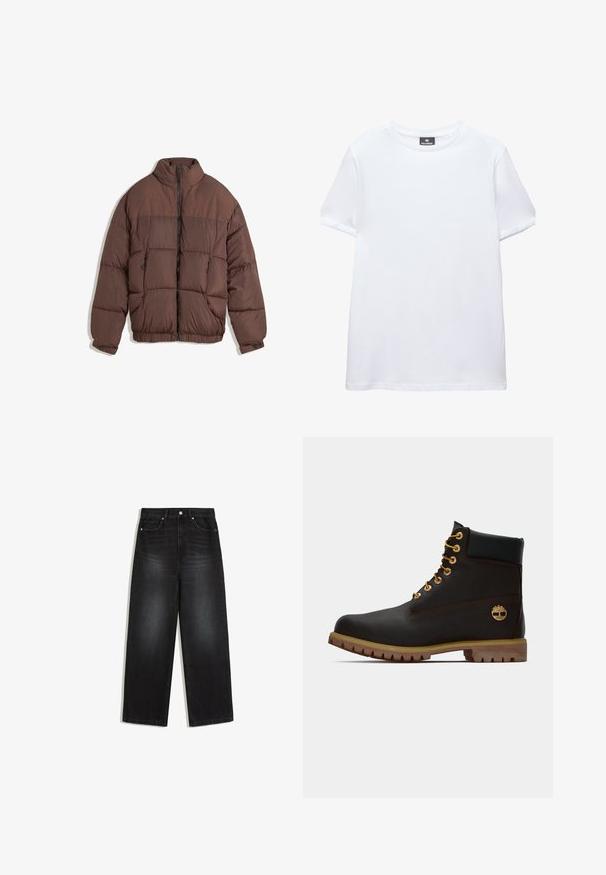 Bruine pufferjack met hoge kraag, ritssluiting aan de voorkant en elastische zoom. Beschikt over twee voorzakken met rits en een doorgestikt ontwerp. Gladde stoftextuur.; Effen wit T-shirt met korte mouwen en een ronde hals met een zwart Pull&Bear-label aan de binnenkant van de kraag, afgebeeld op een witte achtergrond.; Zwarte jeans met hoge taille en rechte pijpen, met voorzakken, knoopsluiting en subtiele vervaagde details op dijen en knieën.; Zwarte leren enkellaars met gouden oogjes, bruine accenten en een rubberen zool. Heeft een gevoerde kraag en geperst logo aan de zijkant.
