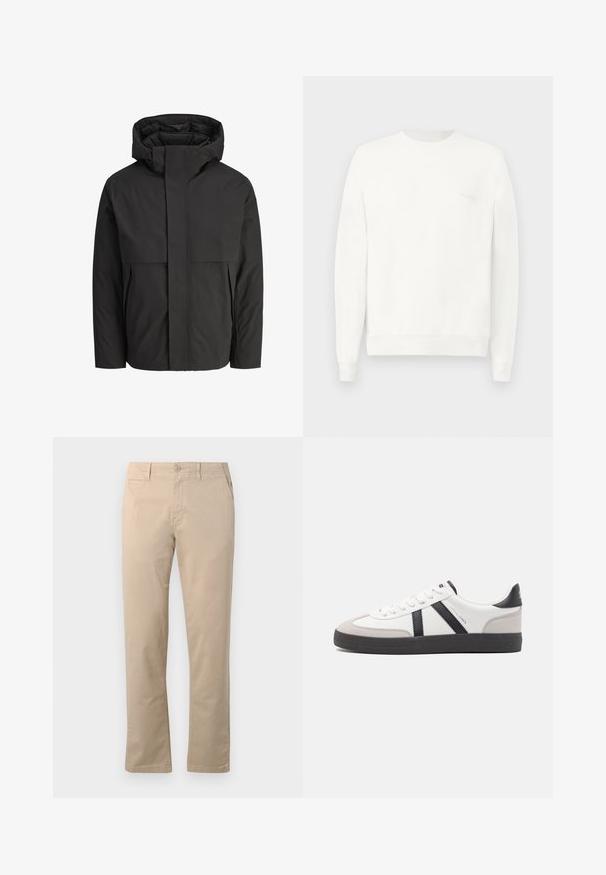 Zwarte jas met een hoge, gestructureerde kraag, eenvoudig ontwerp, voorrits en twee zijzakken. Gemaakt van soepel, lichtgewicht materiaal.; Witte crewneck sweatshirt gemaakt van zachte stof, met ribgebreide boorden en zoom, en een subtiele logo gedrukt op de borst in lichtgrijs.; Beige chino's van katoen, met een rechte pasvorm, traditionele knoopsluiting en zijzakken met nette stiksels.; Witte sneaker met zwarte en grijze accenten, voorzien van een grijze neus met textuur, zwarte rubberen zool en platte witte veters. Schoon ontwerp, minimalistische stijl.
