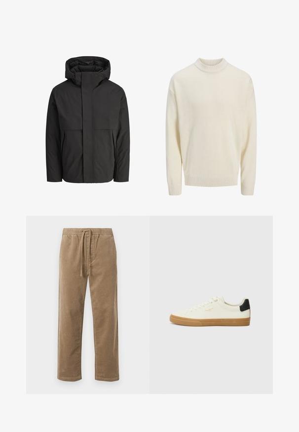 Must musta, millel on kõrge, struktureeritud krae, lihtne disain, ees lukuga ja kaks küljetaskut. Valmistatud siledast, kergest materjalist.; Valge kootud sviiter ribidega ümmarguse kaelusega ja ribidega mansettidega. Kangas on sileda tekstuuriga ja lõige on vabalt langev.; Pruunist korduroüste püksid elastse vöökoht ja nööriga, millel on lõdvestunud sobivus ja sirged jalad, tekstuuriga pind ribade mustriga.; Valge kanva sneaker, millel on kummi tald, musta kanna aktsent, ümmargune nina ja nööriga disain. Külgedel on brändi logo kuldsetes varjundites.