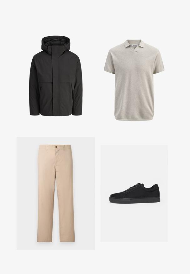Sort jakke med en høj, struktureret krave, enkelt design, frontlynlås og to sidelommer. Fremstillet af glat, let materiale.; Kortærmet beige tekstureret polo med krave og let V-formet halsudskæring, mærket Jack & Jones.; Beige bukser med lige ben, bærestropper, forreste knaplukning og sidelommer.; Sort lavtop sneaker med snørelukning foran og flad gummisål, vist fra siden på en hvid baggrund.