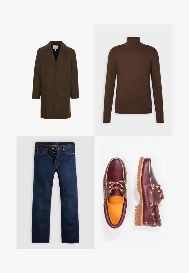 Manteau en mélange de laine marron avec un col à revers, des boutons à l'avant et des poches latérales. Présente des épaules structurées et une coupe droite.; Pull à col roulé marron en matériau doux, avec des manches longues, un design ajusté et des accents en bord côtelé au col et à l'ourlet.; Jean en denim bleu foncé avec une coupe droite, cinq poches et des coutures dorées. Comprend une braguette à boutons et des rivets en cuivre. Texture lisse.; Chaussures en cuir bourgogne avec semelles en caoutchouc marron, bout rond, couture blanche et œillets dorés. L'intérieur présente une doublure jaune.