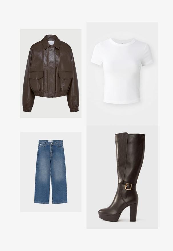 Brun kunstlæder cropped jakke med krave, elastiske manchetter, to frontlommer og dekorative syninger.; Simpel hvid kortærmet cropped t-shirt med rund halsudskæring, præsenteret på en neutral lys baggrund.; Blå denimjeans med vide ben, forlommer og et bundet bælte, med let falmede områder på lårene.; Mørkebrun læderstøvle til knæet med blokhæl, platformsål og guldfarvet spænde omkring anklen.