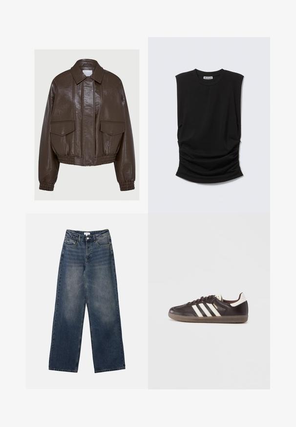Brun kunstlæder cropped jakke med krave, elastiske manchetter, to frontlommer og dekorative syninger.; Sort ærmeløs top med brede skulderpuder, rund halsudskæring og rynket stofdetalje ved taljen, mærket "Weekday" inde i kraven.; Mænds højtaljede blå denim jeans med brede ben, frontknap og lynlås samt for- og baglommer.; Mørkebrune lædersneakers med hvidt tre-stribet design, en gummisål og "Samba" i gyldne bogstaver på siden. Klassisk lavtopform.