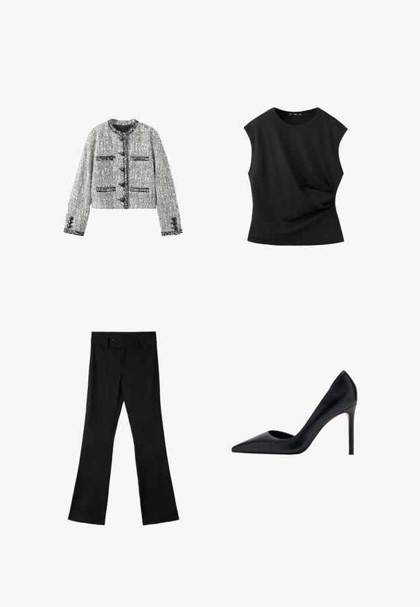 Veste en tweed gris et noir texturée avec col rond, cinq boutons noirs et quatre poches frontales avec détails boutonnés sur les manches.; Haut noir sans manches avec encolure ronde et détail torsadé sur le côté à la taille, en tissu lisse.; Pantalon noir pour femme avec une large ceinture à deux boutons et des jambes légèrement évasées sur fond blanc.; Chaussure à talon haut noire à bout pointu avec talon stiletto et finition en cuir lisse, présentée de profil sur fond blanc.