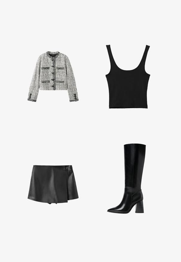 Veste en tweed gris et noir texturée avec col rond, cinq boutons noirs et quatre poches frontales avec détails boutonnés sur les manches.; Débardeur noir court avec de larges bretelles, fabriqué à partir d'un matériau doux, présentant une texture lisse et un design minimaliste.; Mini-jupe noire en simili cuir avec un rabat avant chevauchant et un petit détail boucle sur le côté.; Bottes en cuir noir arrivant au genou, avec un bout pointu, une texture lisse et un talon épais et cranté pour la stabilité. Design élégant avec des accents minimalistes.
