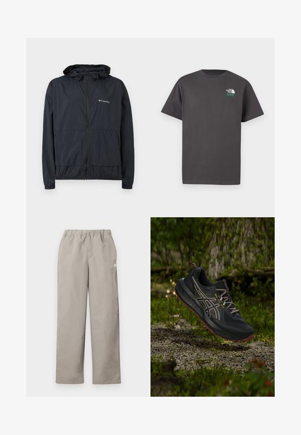 Veste à capuche zippée noire de Columbia avec poignets élastiques et poches avant, présentée sur un fond blanc.; T-shirt à manches courtes gris foncé à col rond avec un petit logo blanc et vert "The North Face 1966" sur le côté gauche de la poitrine.; Pantalon beige à jambe droite avec une ceinture élastique et un petit logo blanc sur la couture latérale droite.; Chaussure de trail running noire et bordeaux avec des lacets gris suspendue au-dessus d'un sol forestier rocheux et des plantes vertes mousseuses.