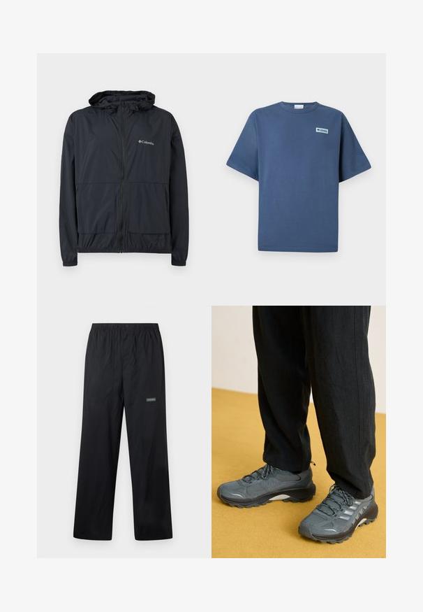 Veste à capuche zippée noire de Columbia avec poignets élastiques et poches avant, présentée sur un fond blanc.; T-shirt bleu à manches courtes et col rond avec petit logo rectangulaire Columbia Sportswear sur le côté gauche de la poitrine.; Pantalon d'extérieur léger noir avec taille élastique, bouton à l'avant, deux poches avant et petit logo Columbia sur la cuisse droite.; Baskets de sport grises en mesh et synthétique avec un profil de semelle prononcé, des accents réfléchissants et un design à lacets, associées à un pantalon noir ample.