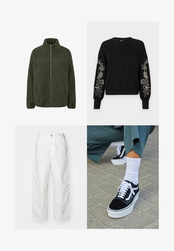 Fleecejack in donkergroen met een hoge kraag, volledige rits aan de voorkant, zijzakken en duimgaten. Zacht materiaal met een ontspannen pasvorm.; Zwarte sweatshirt met lange mouwen, voorzien van witte abstracte lijntekeningen borduursel op beide mouwen en geribbelde manchetten en zoom.; Witte cargobroek van denim, met een relaxte pasvorm, zijzakken en zichtbare stiksels. Eenvoudige voorkant met een knoopsluiting.; Zwarte suède sneaker met witte accenten en veters, uitgerust met een dikke witte zool en contrasterende stiksels, gecombineerd met een witte sok.