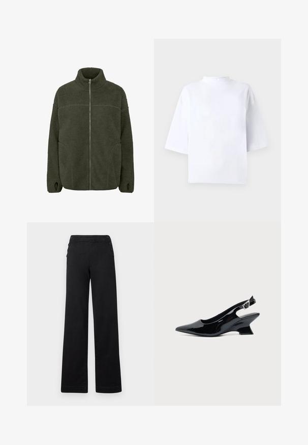 Fleecejacke in Dunkelgrün mit hohem Kragen, durchgehendem Reißverschluss, Seitentaschen und Daumenöffnungen. Weicher Stoff mit lockerer Passform.; Weißes Baumwoll-T-Shirt mit kurzen Ärmeln, hohem, rundem Ausschnitt und lockerem Sitz. Glatte Textur, ohne sichtbare Muster oder Akzente.; Schwarze weite Hose mit hohem Bund, Knopfdetails an den Seiten und einer glatten Denim-Oberfläche mit einem sauberen Finish.; Schwarzer Slingback-Schuh aus Lackleder mit spitzer Spitze und niedrigem, schrägem Blockabsatz auf einfachem hellem Hintergrund.