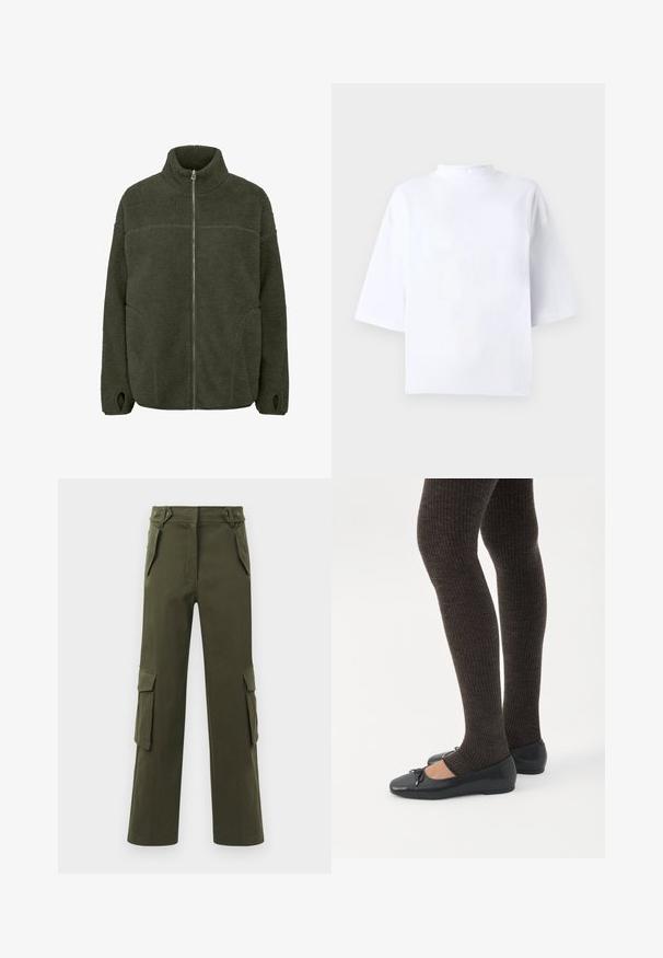 Veste en polaire vert foncé avec un col haut, fermeture éclair sur toute la longueur, poches latérales et passants pour les pouces. Texture douce avec une coupe décontractée.; Haut blanc en coton à manches courtes avec un col montant et arrondi et une coupe ample. Texture lisse, sans motifs ni accents visibles.; Pantalons cargo verts olive en coton, avec un design à jambe droite, deux poches latérales et deux poches cargo sur chaque jambe.; Jambes portant des leggings côtelés foncés associés à des ballerines noires avec de petits détails en nœud sur fond blanc.