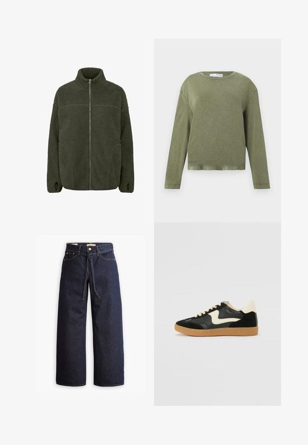 Fleecejakke i mørkegrøn med høj krave, fuld frontlynlås, sidelommer og tommelhuller. Blød tekstur med en afslappet pasform.; Oliven grøn langærmet crewneck T-shirt med en afslappet pasform og let cropped kant på en ensfarvet hvid baggrund.; Bredde ben mørkeblå denim jeans med høj talje, der har snoretræk, fem lommer og kontrastsyet detaljer.; Sorte ruskinds- og lædersneakers med en cremefarvet side-swoosh og lys cremefarvet hæl. Har beige snørebånd og en gummirubber-sål.