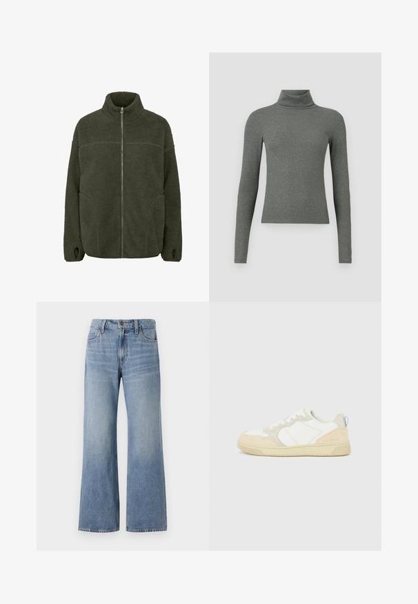 Fleecejack in donkergroen met een hoge kraag, volledige rits aan de voorkant, zijzakken en duimgaten. Zacht materiaal met een ontspannen pasvorm.; Grijze, lange mouwen turtleneck top gemaakt van een zachte geribbelde stof, met een aansluitende pasvorm en hoge kraag.; Lichtblauwe wijde jeans gemaakt van denim, met een knoopsluiting, vijf zakken en vervaagde wasdetails voor textuur.; Witte en beige sneaker met een bovenwerk van suède en textiel, voorzien van contrasterende stiksels, een rubberen zool en een lichtblauwe accenten op de hiel.
