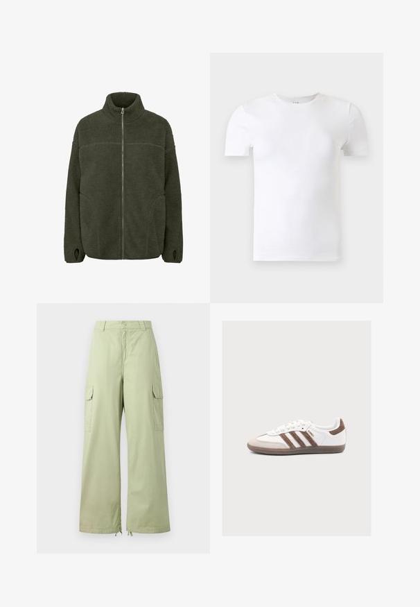 Fleecejack in donkergroen met een hoge kraag, volledige rits aan de voorkant, zijzakken en duimgaten. Zacht materiaal met een ontspannen pasvorm.; Effen witte T-shirt met korte mouwen en ronde hals afgebeeld tegen een lichtgrijze achtergrond.; Lichtgroene cargobroek met wijde pijpen, gemaakt van katoen. Bevat twee zijzakken en een knoopsluiting. Soepele textuur en casual ontwerp.; Witte Adidas Samba sneaker met bruine suède strepen, bruine suède neus en gumzool op een lichtgrijze achtergrond.