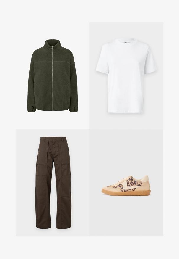Fleecejacke in Dunkelgrün mit hohem Kragen, durchgehendem Reißverschluss, Seitentaschen und Daumenöffnungen. Weicher Stoff mit lockerer Passform.; Weißes Baumwoll-T-Shirt mit Rundhalsausschnitt, kurzärmlig und mit glatter Textur. Entworfen mit einer lockeren Passform für Komfort und Vielseitigkeit.; Braune Cargo-Hosen aus robustem Stoff, mit mehreren Taschen, einer lockeren Passform und auffälligen Nähdetails für Langlebigkeit.; Löwenmuster-Sneaker mit beige Wildleder-Obermaterial, tanfarbener Gummisohle und weißen Akzenten. Runde Zehenform und Schnürdesign mit strukturiertem Finish.