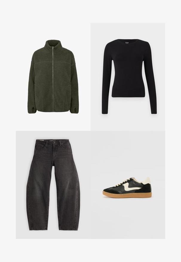 Fleecejacke in Dunkelgrün mit hohem Kragen, durchgehendem Reißverschluss, Seitentaschen und Daumenöffnungen. Weicher Stoff mit lockerer Passform.; Schwarzes, langärmliges, eng anliegendes Rundhals-T-Shirt mit geradem Saum, präsentiert vor einem weißen Hintergrund.; Schwarze Denim-Jeans mit Relaxed Fit, ausgestattet mit fünf Taschen, einem Knopfverschluss und subtilen Verblassungen. Der Stoff hat eine glatte, robuste Textur.; Schwarze Wildleder- und Leder-Sneaker mit einem cremefarbenen Seiten-Swoosh und einer hellcremefarbenen Ferse. Ausgestattet mit beige Schnürsenkeln und einer Gummilaufsohle.