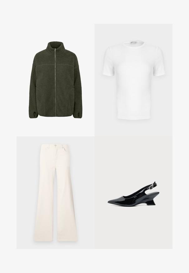 Fleecejacke in Dunkelgrün mit hohem Kragen, durchgehendem Reißverschluss, Seitentaschen und Daumenöffnungen. Weicher Stoff mit lockerer Passform.; Weißes, kurzärmeliges, geripptes T-Shirt mit Rundhalsausschnitt, figurbetontem Schnitt und kleinem Markenlabel im Krageninneren.; ONLY Wide-fit ONLMADISON High waist Wide Leg Fit - Wide Leg - ecru; Schwarzer Slingback-Schuh aus Lackleder mit spitzer Spitze und niedrigem, schrägem Blockabsatz auf einfachem hellem Hintergrund.