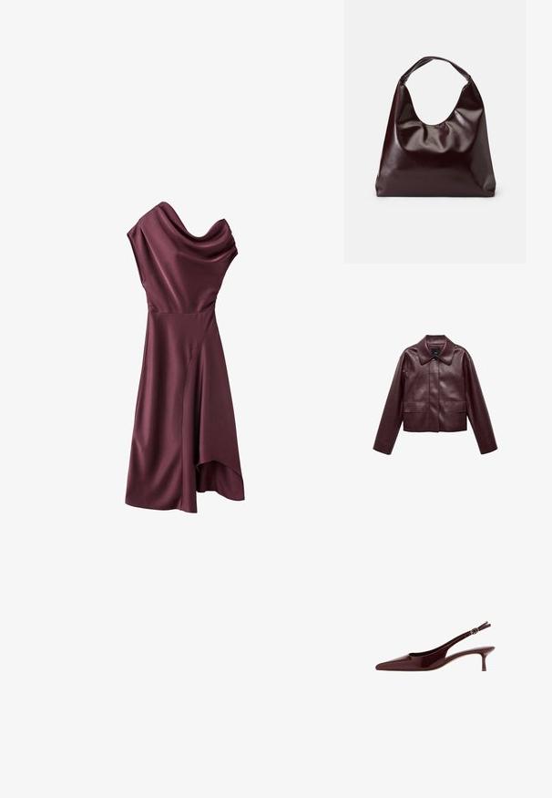 Chaqueta corta de cuero burdeos con cuello, cierre frontal de botones y dos bolsillos en el pecho. Textura suave y mangas ajustadas.; Vestido asimétrico sin mangas de satén morado oscuro con escote drapeado y dobladillo irregular.; Zapato de tacón bajo tipo kitten en color marrón oscuro brillante con puntera puntiaguda y correa ajustable con hebilla.; Bolso tote vegan de cuero brillante en burdeos, con una forma suave y escultórica y un asa ancha y curvada para facilitar el transporte.