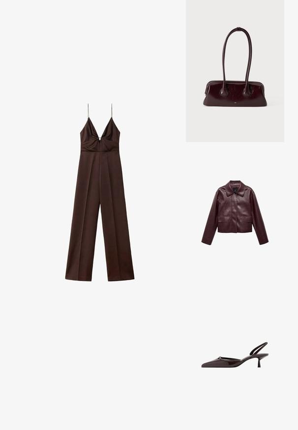 Burgunderlæder cropped jakke med krave, frontknaplukning og to brystlommer. Glat tekstur og tætsiddende ærmer.; Mørkebrunt jumpsuit med vide ben, tynde spaghetti-stropper og en dyb V-halsudskæring med rynkede detaljer ved brystet.; Mørkebrune lersko med ankelrem og spids tå samt lav kitten-hæl mod hvid baggrund.; Mørkebrunt blankt læderhåndtaske med lange, tynde håndtag og en struktureret rektangulær bund på en ensfarvet lys baggrund.