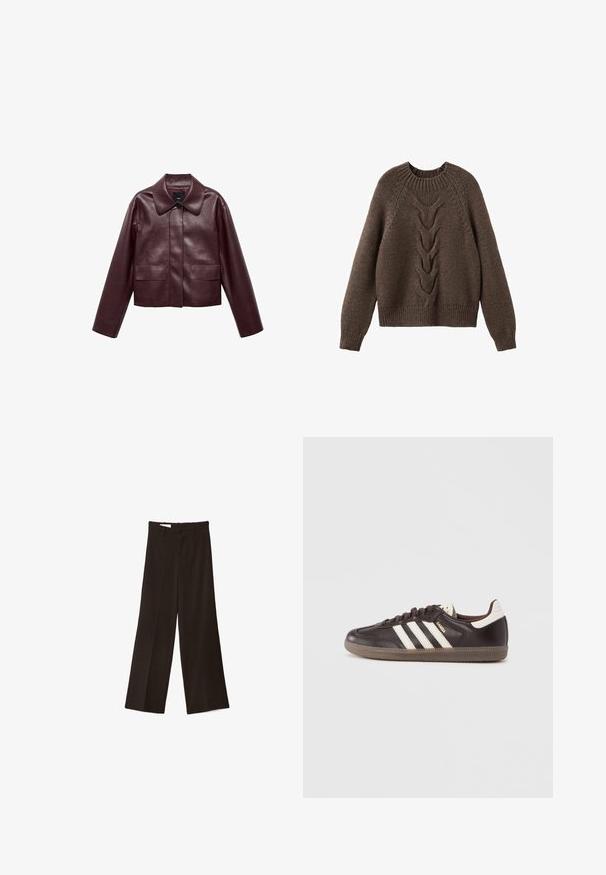 Burgunderrote, taillierte Lederjacke mit Kragen, Knopfverschluss auf der Vorderseite und zwei Brusttaschen. Schmale Passform und enganliegende Ärmel.; Brauner Strickpullover mit rundem Halsausschnitt, langen Ärmeln und einem Zopfmuster, das die Vorderseite hinunterläuft. Gerippter Saum und Bündchen.; Schwarze Hosen mit weitem Bein, vorne mit Knopf und Gürtelschlaufen, jeweils mit einer Bügelfalte in der Mitte jedes Beins.; Dunkelbraune Ledersneaker mit weißem Drei-Streifen-Design, einer Gummisohle und dem Schriftzug "Samba" in goldener Schrift an der Seite. Klassische, niedrige Form.