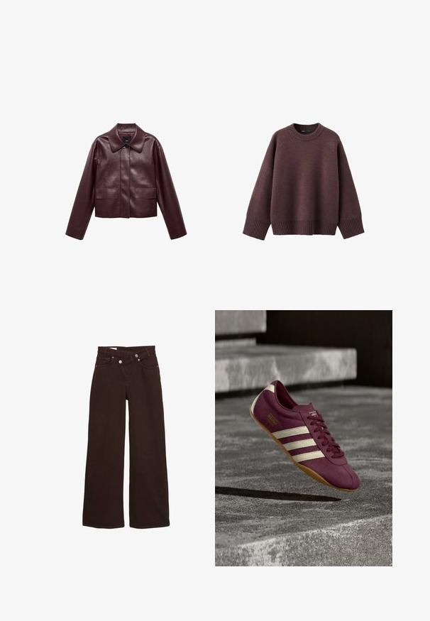 Burgunderrote, taillierte Lederjacke mit Kragen, Knopfverschluss auf der Vorderseite und zwei Brusttaschen. Schmale Passform und enganliegende Ärmel.; Locker geschnittener Pullover in dunklem Burgunderrot aus weichem Strickstoff. Mit einem gerippten Rundhalsausschnitt, weiten Ärmeln und einem gerippten Saum.; Braune weit geschnittene Jeans mit hoher Taille, Reißverschluss vorne und Knopfverschluss. Sie verfügen über Vorder- und Gesäßtaschen.; Lila Adidas Tokyo Sneaker mit weißen Streifen und Gummisohle scheint bei sanfter Beleuchtung über Betonstufen zu schweben.