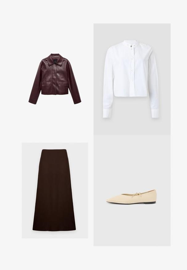 Burgunderrote, taillierte Lederjacke mit Kragen, Knopfverschluss auf der Vorderseite und zwei Brusttaschen. Schmale Passform und enganliegende Ärmel.; Weißes, kurzes Hemd mit Knopfleiste, Stehkragen, langen Ärmeln und kleinen Knöpfen, hergestellt aus glattem Baumwollstoff.; Dunkelbrauner, knöchellanger A-Linien-Rock mit glatter, einfarbiger Textur und enger Taille vor weißem Hintergrund.; Beiger flacher Schuh mit spitz zulaufender Zehenkappe, einer kleinen Schleife oben und einer schwarzen Sohle, seitlich auf einem einfarbigen hellen Hintergrund gezeigt.