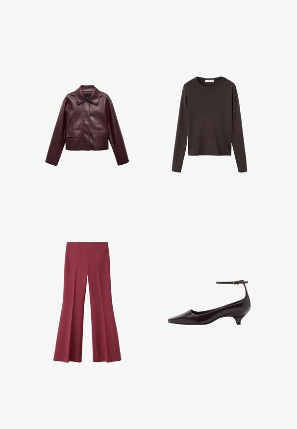 Bordeaux leren cropped jas met een kraag, sluiting met knopen aan de voorkant en twee borstzakken. Glad textuur en aangesloten mouwen.; Bruine langwerpige t-shirt met een ronde halslijn en een gladde, rekbare katoenen stof; heeft een relaxed fit en een eenvoudig ontwerp.; Bordeaux wijde broek met hoge taille, voorzien van voorplooien en een gladde, gestructureerde stof. Strakke lijnen zonder zichtbare sluitingen.; Donkerbruine leren kittenheel schoenen met een spitse neus, een dunne enkelband en een kleine gouden gesp.