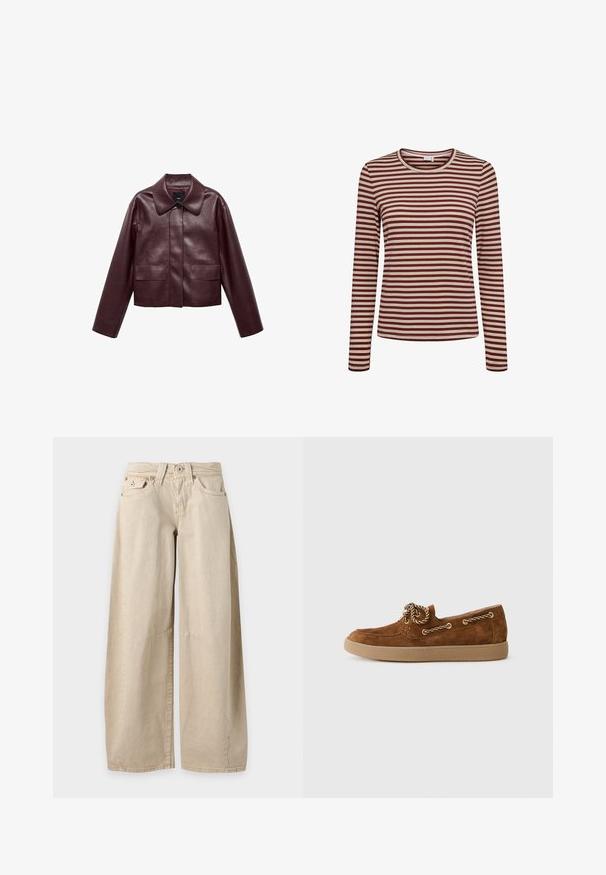 Bordeaux leren cropped jas met een kraag, sluiting met knopen aan de voorkant en twee borstzakken. Glad textuur en aangesloten mouwen.; Langere mouwen shirt met horizontale kastanjebruine en beige strepen, ronde hals en een slim fit.; Beige jeans met wijde pijpen, vijf zakken en zichtbare naden op de knieën, plat uitgestald op een effen lichtgrijze achtergrond.; Bruine suède loafer met een ronde neus, contrasterende tan rubberen zool en decoratieve goudkleurige touwveters aan de zijkant.