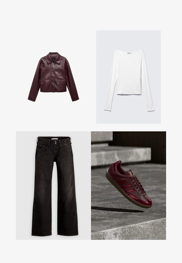 Chaqueta corta de cuero burdeos con cuello, cierre frontal de botones y dos bolsillos en el pecho. Textura suave y mangas ajustadas.; Top blanco de manga larga con diseño cruzado y un bolsillo. Fabricado en una tela suave y elástica. Con un corte casual y relajado.; Jeans negros de pierna ancha con un acabado ligeramente desteñido, que cuentan con bolsillos frontales, cierre de cremallera y botón. Hechos de tela vaquera.; Zapatilla deportiva de cuero burdeos con tres rayas oscuras, letras en dorado, suela texturizada y acabado liso. Elevada sobre un fondo de hormigón.