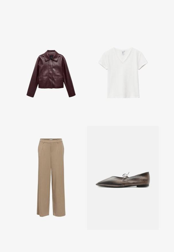 Chaqueta corta de cuero burdeos con cuello, cierre frontal de botones y dos bolsillos en el pecho. Textura suave y mangas ajustadas.; Camiseta blanca de manga corta con cuello en V y ajuste holgado, mostrada sobre un fondo blanco liso.; Pantalones de pierna ancha en color beige con cintura elástica, trabillas para cinturón y un frente limpio sin bolsillos visibles ni botones.; Zapato plano de cuero marrón con punta puntiaguda, tacón bajo y un pequeño lazo atado en la parte superior, mostrado de lado sobre fondo blanco.
