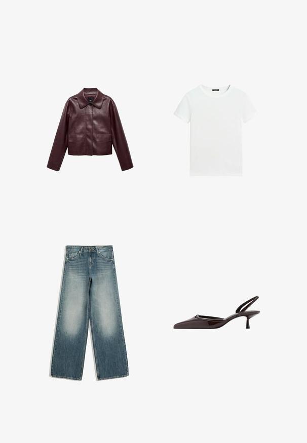 Bordeaux leren cropped jas met een kraag, sluiting met knopen aan de voorkant en twee borstzakken. Glad textuur en aangesloten mouwen.; Effen wit T-shirt met korte mouwen, een ronde hals en een klein zwart labeltje aan de binnenkant van de kraag.; Blauwe jeans met wijd uitlopende pijpen, vervaagde voorkant van de dijen, voorzakken, riemlussen en knoopsluiting.; Donkerbruine gepatenteerde leren slingback pump met spitse neus en lage kittenheel tegen een witte achtergrond.
