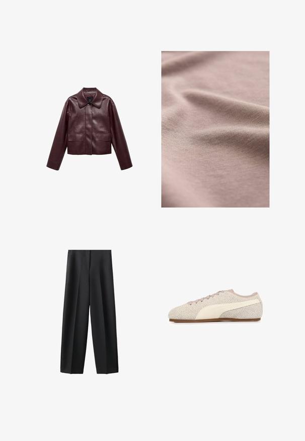 Burgunderrote, taillierte Lederjacke mit Kragen, Knopfverschluss auf der Vorderseite und zwei Brusttaschen. Schmale Passform und enganliegende Ärmel.; Heller rosa Stoff mit einer glatten, leicht strukturierten Oberfläche. Das Material weist feine horizontale Rippungen auf, die einen weichen Fall erzeugen.; Schwarze, weit geschnittene Hosen mit hoher Taille und aufgesetzten Falten, entworfen für formelle oder berufliche Anlässe.; Beiger Sneaker mit flachem Profil, hellbraunen Sprenkeln, weißem Streifen an der Seite, hellbraunen Schnürsenkeln und dünner brauner Sohle, seitlich dargestellt.