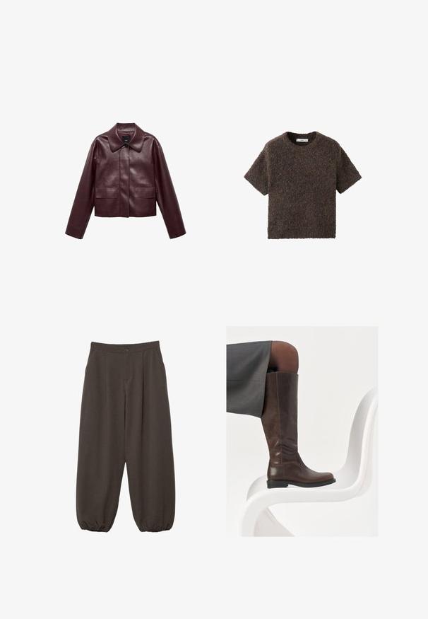 Burgunderlæder cropped jakke med krave, frontknaplukning og to brystlommer. Glat tekstur og tætsiddende ærmer.; Kortærmet bluse med rund hals i et fluffy, tekstureret materiale. Farven er mørkebrun med subtile variationer. Enkel, lige skåret design.; Mørkebrune løstsiddende bukser med knaplukning, læg foran og elastiske manchetter ved anklerne.; Brun læder knæhøj støvle med afrundet tå, glat tekstur og minimale syningsdetaljer, sat mod en lys baggrund på en hvid stol.