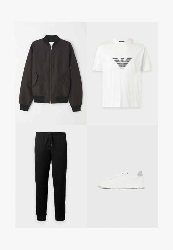 NN.07 Blouson Bomber - black; T-shirt blanc à manches courtes avec un logo Emporio Armani Milano noir présentant un graphisme d'aigle au centre devant.; Pantalons de jogging noirs en tissu doux avec une taille élastique et un cordon de serrage. Présente des jambes fuselées avec des poignets côtelés.; Baskets basses blanches avec un onglet de talon gris, des lacets blancs et une semelle texturée, présentées sur un fond uni clair.