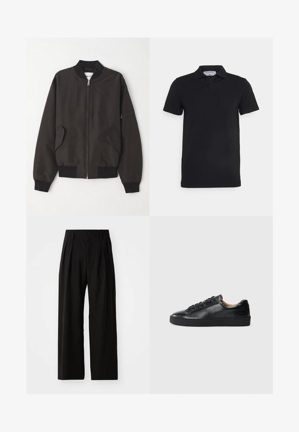 NN.07 Blouson Bomber - black; Polo noir à manches courtes avec un col classique, fabriqué en tissu lisse. Présente une étiquette avec le nom de la marque 'Filippa K' au niveau de l'encolure.; Pantalons larges noirs avec une texture lisse, dotés de deux plis avant, d'une fermeture à bouton et de poches latérales. Tissu durable.; Baskets en cuir noir avec une texture lisse, bout rond et fermeture à lacets. Comprend une semelle en caoutchouc épaisse et un minimum de détails de marque.