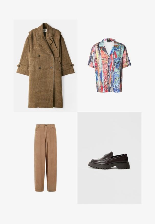 Henrik Vibskov HANDS DOWN COAT - Trenchcoat - brown; Korte mouwen overhemd met knopen, voorzien van kleurrijke abstracte verticale strepen en geometrische patronen in rood, blauw, oranje en groene tinten.; Lichtbruine corduroy broek met een rechte pasvorm, voorzien van een knoopsluiting en zijzakken, textuur met ribbels.; Bordeauxrode leren loafers met een dikke rubberen zool, gevlochten detail aan de voorkant en een geperst logo op de hiel. Soepele textuur, strak ontwerp.