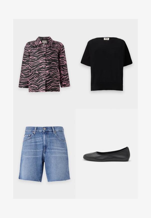 Chaqueta negra con rayas de cebra rosas, con cierre de botones, cuello puntiagudo y dos bolsillos frontales. Hecha de una tela texturizada.; DRYKORN SOMELI - Camiseta básica - black; Shorts de mezclilla de color azul claro con corte recto, dobladillo deshilachado, cinco bolsillos y cierre de botón metálico. La tela tiene una textura suave con ligero desvanecimiento.; Bailarina de piel negra con punta redondeada, textura suave, detalle de costura minimalista y diseño de suela flexible.