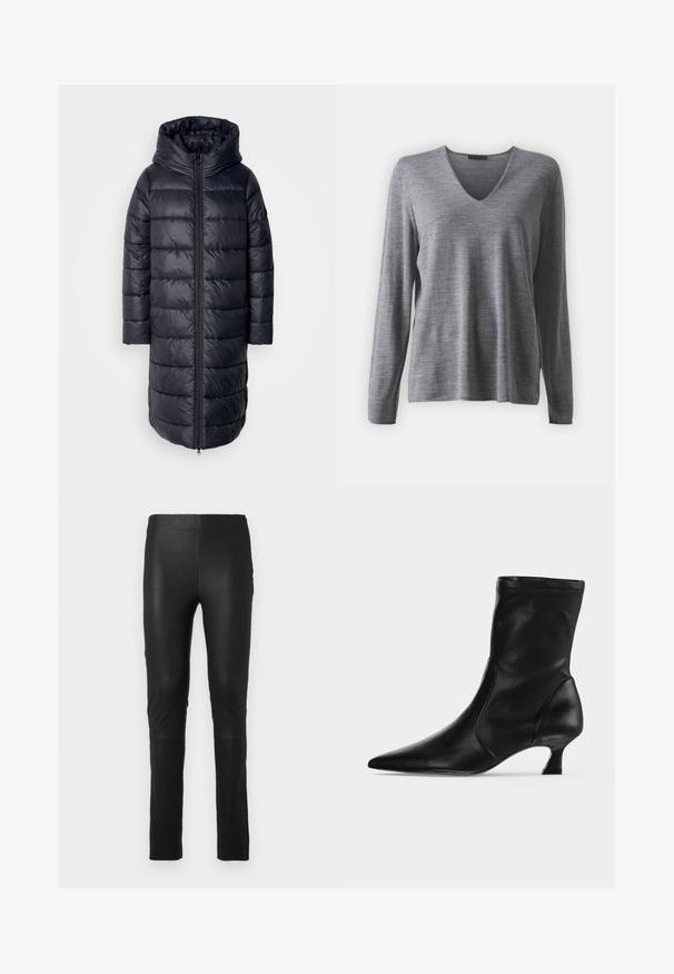 Schwarzer gepolsterter langer Mantel mit Kapuze, ausgestattet mit einem Reißverschluss vorne, puffigen Abschnitten und einem einfachen, eleganten Design vor einem hellen Hintergrund.; DRYKORN MURIELA - Strickpullover - grey; Schwarze Leggings aus glänzendem, elastischem Stoff. Enganliegendes Design mit glatter Textur. Mit Nahtdetails an den Knien.; Schwarzer Leder-Stiefel bis zur Mitte der Wade mit spitzer Schuhspitze und niedrigem Kittenabsatz, seitlich auf hellem einfarbigem Hintergrund gezeigt.