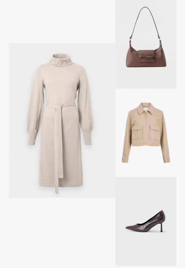 Chaqueta recortada beige hecha de una tela suave con cremallera frontal, cuello puntiagudo, dos bolsillos delanteros y botones de presión en tono dorado.; Vestido de punto color beige con un cuello alto, mangas largas y abullonadas, y un cinturón en la cintura. Presenta un corte recto con acentos acanalados.; Tacones puntiagudos de cuero sintético marrón con textura de cocodrilo, con un tacón delgado y angular y un forro interior suave.; Bolso bandolera de cuero marrón con un bolsillo frontal de solapa que presenta un detalle de moño cosido y una correa ajustable.