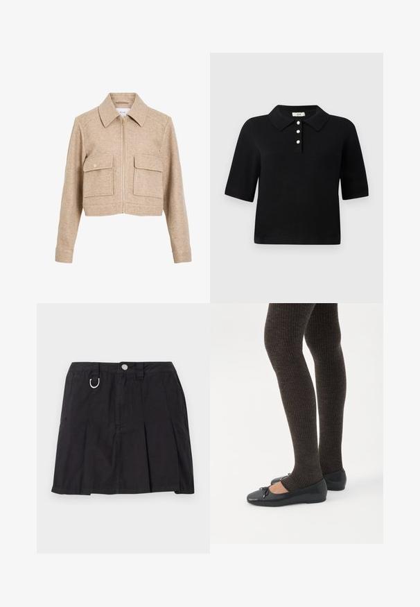 Veste courte beige en tissu doux avec fermeture éclair à l'avant, col pointu, deux poches avant et boutons-pression dorés.; Pullover polo noir à manches courtes, patte de boutonnage à trois boutons avec accents en perles, et col classique. Tissu tricoté lisse.; Jupe plissée noire en coton, avec une fermeture à boutons sur le devant, des passants de ceinture et un accent en D-ring sur la taille.; Jambes portant des leggings côtelés foncés associés à des ballerines noires avec de petits détails en nœud sur fond blanc.