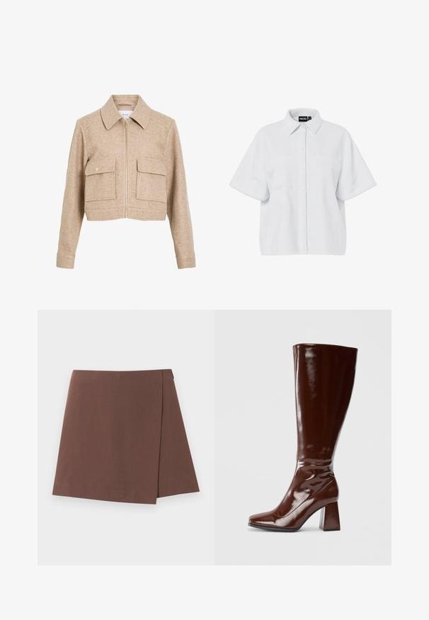 Beige cropped jakke lavet af blødt stof med lynlås foran, spids krave, to frontlommer og trykknapper i guldtonet metal.; Hvid kortærmet skjorte med knapper og spids krave samt to brystlommer, mærket "PIECES" på indersiden af kraven.; Brun A-formet nederdel med let overlapdetalje foran, lavet af glat stof, vist på en ensartet lys baggrund.; Knæhøje brune patentlæderstøvler med firkantet tå, glansfuld finish og en kraftig hæl for stabilitet. Sømløs design uden synligt hardware.