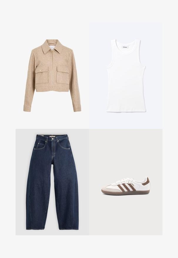 Veste courte beige en tissu doux avec fermeture éclair à l'avant, col pointu, deux poches avant et boutons-pression dorés.; Débardeur blanc côtelé sans manches avec encolure ronde et une petite étiquette indiquant "WEEKDAY" à l'intérieur du col.; Jean en denim bleu foncé, à coupe ample, avec des coutures claires, cinq poches et un bouton de fermeture à la taille.; Baskets Adidas Samba blanches avec des bandes en daim marron, semelle en caoutchouc marron et bout en daim beige, vues du côté extérieur sur un fond uni.