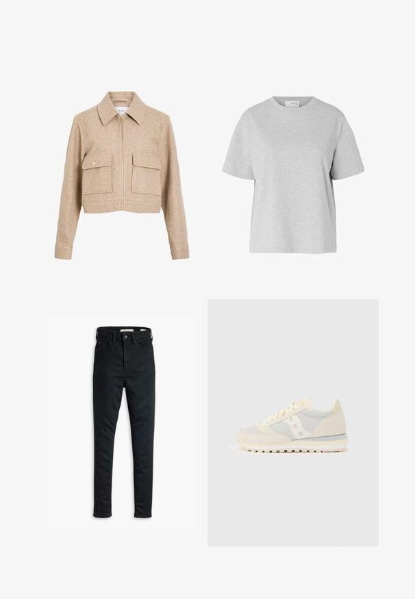 Beige cropped jakke lavet af blødt stof med lynlås foran, spids krave, to frontlommer og trykknapper i guldtonet metal.; Lysegrå T-shirt med korte ærmer og rund hals, løs pasform og uden synlige mønstre eller logoer.; Sorte slim-fit jeans med frontknap og lynlås, bælteløkker samt for- og baglommer, præsenteret på en hvid baggrund.; Lavskaftet afslappet sneaker i nuancer af beige og lysegrå med ruskind og mesh-paneler samt en gummisål med slidmønster.