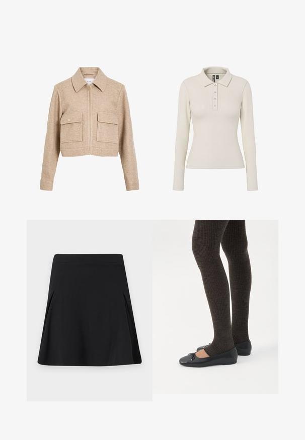 Beige skrátená bunda vyrobená z mäkkej tkaniny s predným zipsom, špicatým golierom, dvoma prednými vreckami a zlatými patentnými gombíkmi.; Polo tričko s dlhým rukávom v off-white rebrovanej látke s golierom a piatimi kovovými gombíkmi vpredu. Priliehavý strih.; Čierna sukňa do písmena A s miernymi záhybmi na stranách, hladkým pásom a jemnou textúrou látky.; Nohy v tmavých pásikavých legínach v kombinácii s čiernymi balerínkami s malými mašličkami na bielom pozadí.