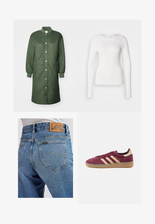 Abrigo acolchado verde con cierre de botones a presión en la parte delantera, puños acanalados y bolsillos laterales; presenta un patrón de diamantes y diseño hasta las rodillas.; Camiseta blanca de manga larga en un tejido suave y ligero con escote redondo y ajuste slim, con una textura sutil.; Jeans de mezclilla azul con bolsillos traseros que presentan costuras amarillas y un parche de cuero marrón de la marca Lee en la cinturilla.; Zapatilla deportiva de perfil bajo en ante granate con rayas Adidas beige, suela de goma y letras doradas "Spezial" en el lateral, mostrada sobre fondo blanco.
