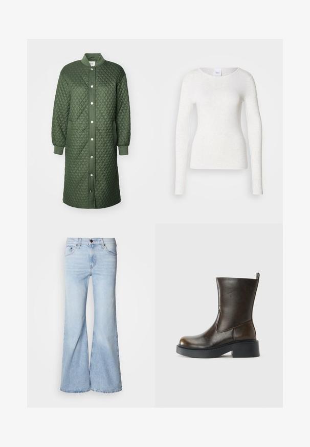 Abrigo acolchado verde con cierre de botones a presión en la parte delantera, puños acanalados y bolsillos laterales; presenta un patrón de diamantes y diseño hasta las rodillas.; Camiseta blanca de manga larga en un tejido suave y ligero con escote redondo y ajuste slim, con una textura sutil.; Jeans acampanados azul claro, con cintura alta, tejido vaquero, cinco bolsillos y cierre de botón. Las piernas son anchas y tienen un acabado ligeramente descolorido.; Botín de piel marrón oscuro que llega hasta la mitad de la pantorrilla, con puntera redonda, suela negra gruesa, tacón bajo y una lengüeta en la parte posterior.