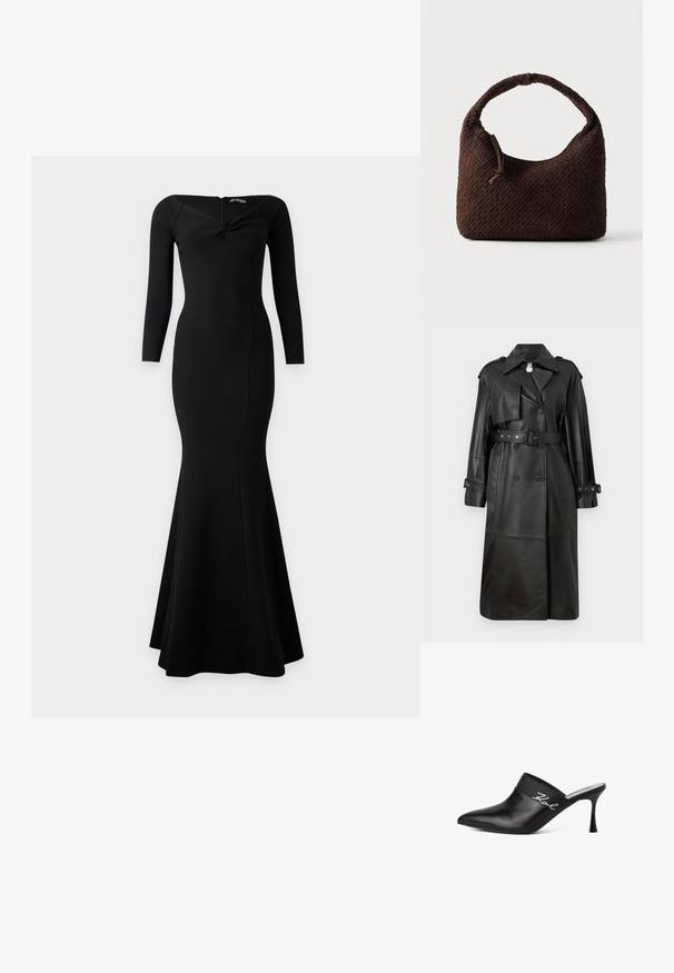 Schwarzer Leder-Trenchcoat mit tailliertem Gürtel, doppelter Knopfleiste, scharfem Kragen und gestanzten Details an den Ärmeln.; Langes schwarzes figurbetontes Kleid mit langen Ärmeln, gedrehtem Detail am eckigen Ausschnitt und ausgestelltem Saum, der bis zum Boden reicht.; Schwarze Leder-Mule mit spitzer Zehe und Stiletto-Absatz. Verfügt über ein breites Band mit silberner Schrift auf der Seite. Glatte Textur.; Braune gewebte Handtasche mit rundem Griff, gefertigt aus strukturiertem Material. Verfügt über einen Reißverschluss und ein kleines Logo-Detail.
