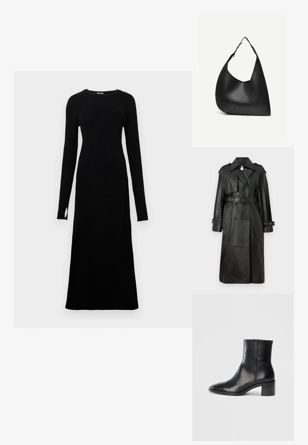 Manteau trench en cuir noir avec une taille ceinturée, des boutons double-breasted, un col aiguisé et des détails perforés sur les manches.; Robe noire à manches longues en maille côtelée, avec un col rond et une fente latérale près des poignets, offrant une silhouette élancée.; Bottine en cuir noir avec un bout pointu, un petit talon bloc et un logo en relief discret. Texture lisse avec un design élégant et un minimum de coutures.; Sac à épaule en cuir noir avec forme triangulaire incurvée, une seule sangle ajustable, et une couture diagonale visible à l'avant.