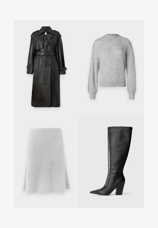 Manteau trench en cuir noir avec une taille ceinturée, des boutons double-breasted, un col aiguisé et des détails perforés sur les manches.; Pull en tricot gris clair fabriqué en tissu doux, avec un col rond et des manches longues légèrement bouffantes avec des ourlets côtelés.; Jupe en tricot gris avec un design évasé, texture douce et taille confortable. Le tissu semble chaud et adapté à un usage décontracté.; Botte en cuir noire à hauteur de genou avec bout pointu et talon large, présentée en profil latéral gauche sur fond blanc.