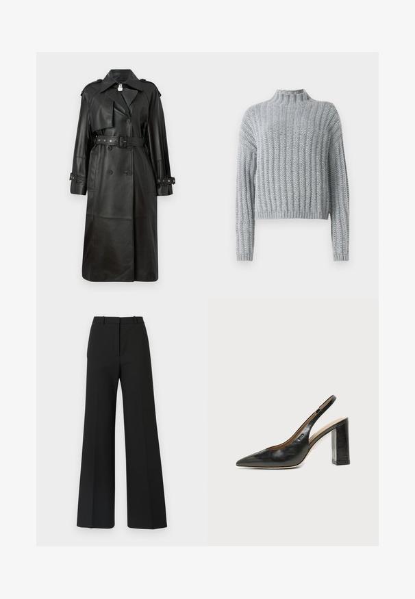Schwarzer Leder-Trenchcoat mit tailliertem Gürtel, doppelter Knopfleiste, scharfem Kragen und gestanzten Details an den Ärmeln.; Helles graues, grob gestricktes Sweatshirt mit Rippmuster, Stehkragen, langen Ärmeln und einem leicht verkürzten Schnitt.; Schwarze weite Hosen mit maßgeschneidertem Design, das eine glatte Textur und subtile Falten an der Vorderseite aufweist. Keine sichtbaren Beschläge oder Muster.; Schwarzer Leder-Slingback-Schuh mit spitzer Kappe, hohem Blockabsatz und beigegefüttertem Innenraum vor hellem, einfarbigem Hintergrund.